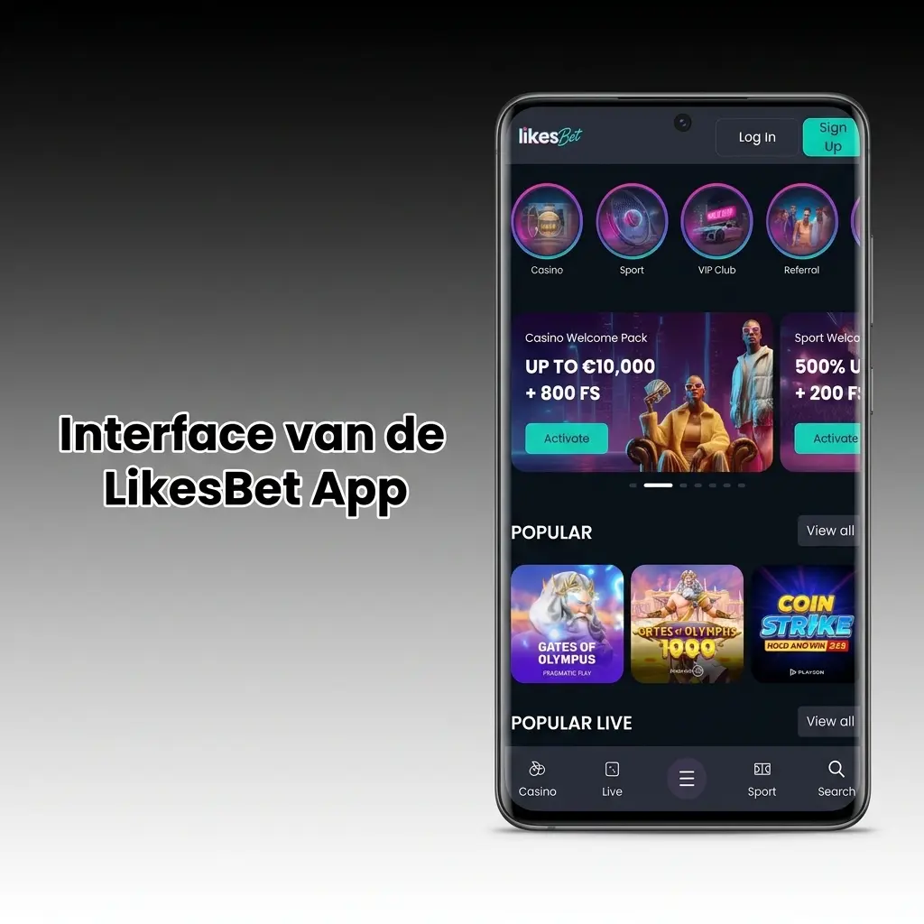 Interface van de LikesBet app met donker kleurenschema
