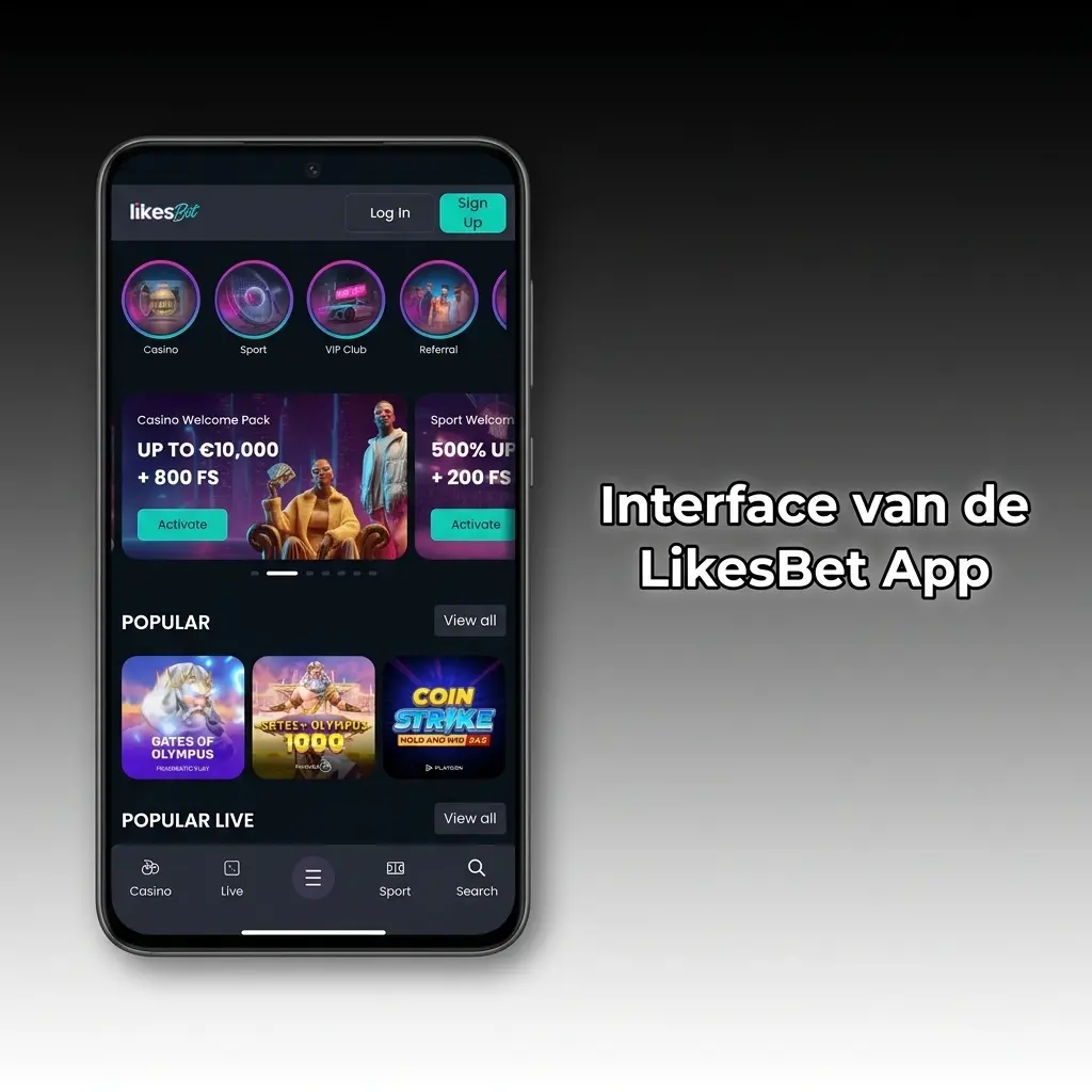Interface van de LikesBet App met donker kleurenschema